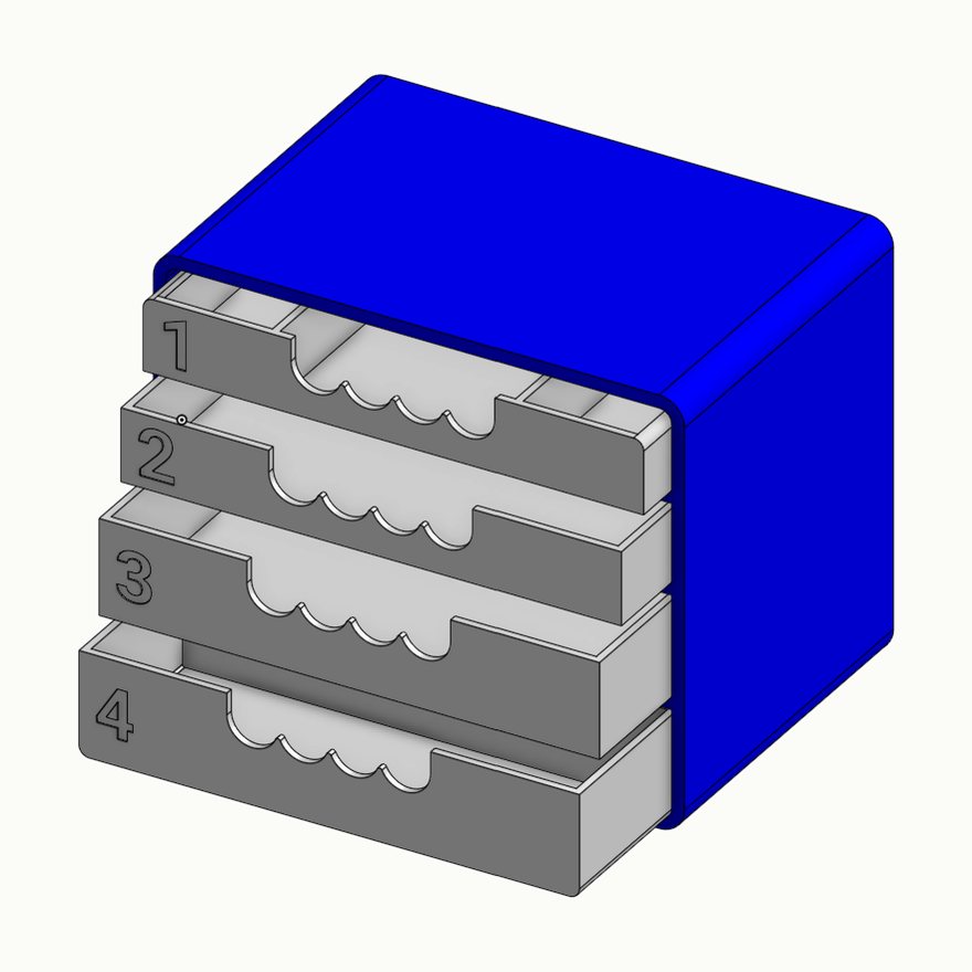 The workshop drawer unit modelled in Onshape, showing four numbered drawers and scalloped finger pulls